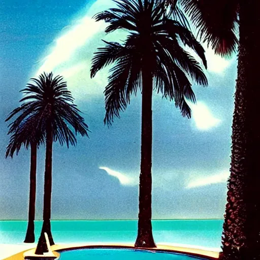 Image similar to Giant columns palace, thunderstorm, greek pool, beach and palm trees on the background major arcana sky, magazine photo from 1987, hyperrealistic 8k, very detailed