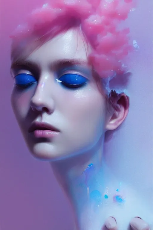 Prompt: 3 d, close - up, liquid white oil, sleepy fashion model, tears, deep blue fog, smoke, poster art, high detail, intricate oil painting, multiple exposure, deep pink color palette, hyperrealism, 3 d, by tooth wu and wlop and beeple and greg rutkowski