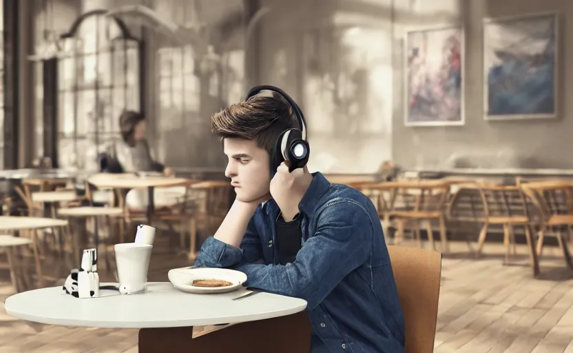 Image similar to a male teenager with headphones in a cafe sitting in front of a table with a coffee, digital painting, masterpiece, digital art, concept art, octane render, unreal engine 5, trending on deviantart, highly detailed, high quality, 4 k, cartoon, high coherence, realistic, anatomically correct, five fingers, relaxing, realistic and detailed face, beautiful, elegant