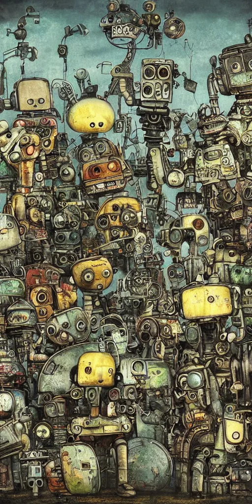 Prompt: a robot junkyard scene by alexander jansson