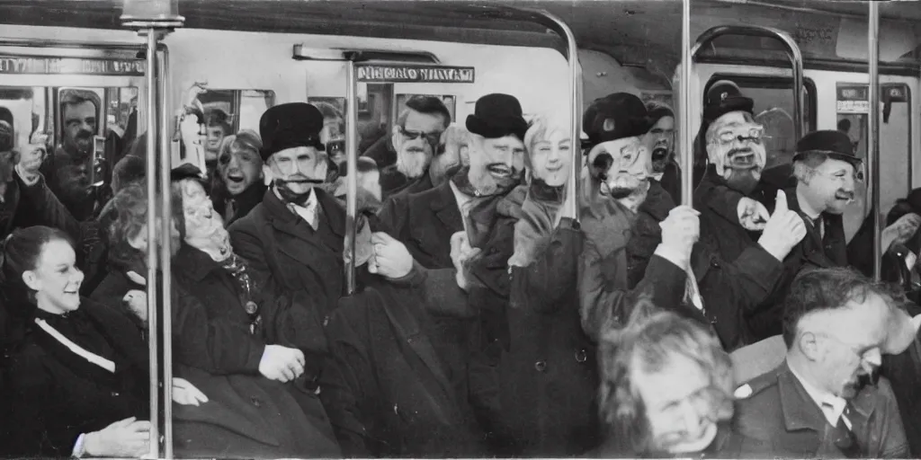 Prompt: a large stream of people in a subway car, there is a middle-aged man with a Hussar moustache, two people are standing to his right and laughing loudly