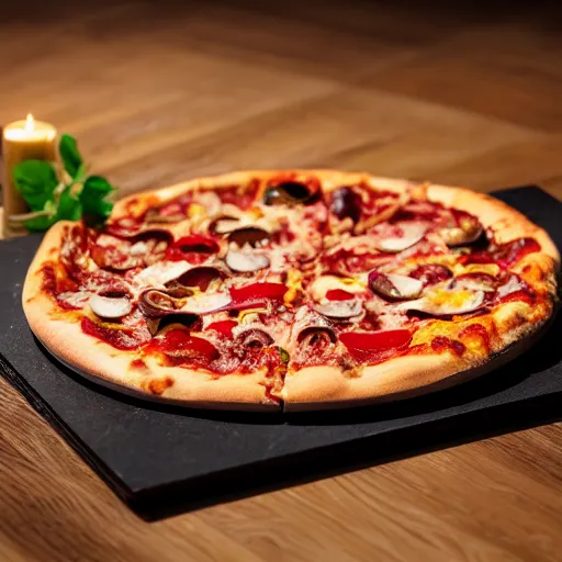 Image similar to New triple crust pizza,promotional image,studio lighting,close up shot,photorealistic,delicious