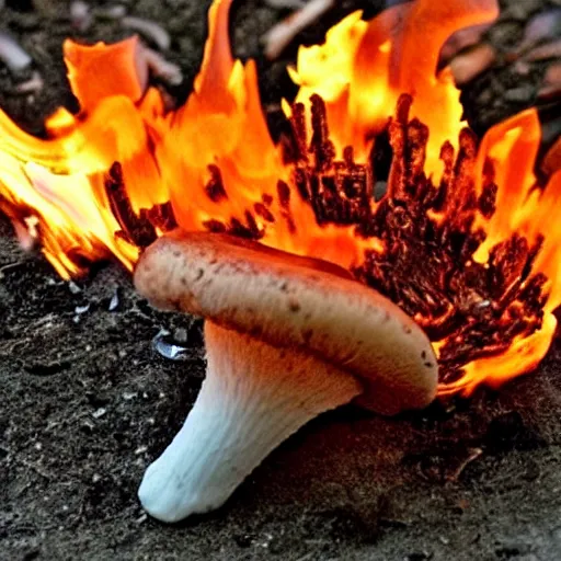 Prompt: a mushroom made out of fire, melting, dripping, gooey, swirling flames