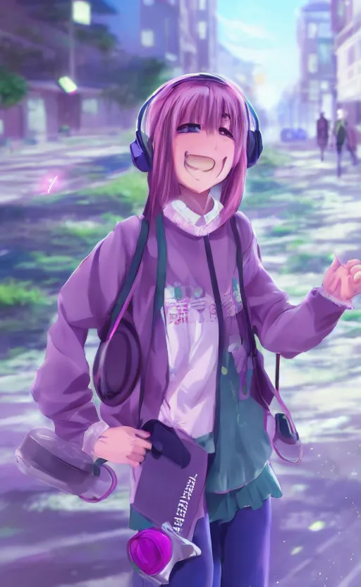 Image similar to anime girl with pink ponytail, wearing purple headphones, wearing a green sweater, with a smile on her face and her eyes closed, walking down a street, dynamic lighting, photorealistic fantasy concept art, trending on art station, very detailed, anime concept art, stunning visuals, creative, cinematic, ultra detailed