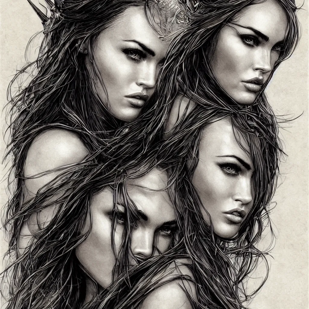 Image similar to portrait of beautiful megan fox as greek goddess aphrodite, archer, arrow on the head, beautiful piercing eyes, flowing blonde hair, realistic face, black and white drawing, in the style of greg rutkowski, fantasy, amazing detail, epic, intricate, elegant, smooth, sharp focus