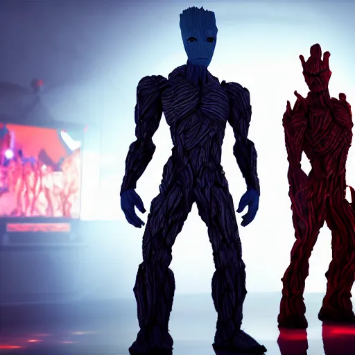 Prompt: groot and optimus prime dancing at techno party among people, wide shoot, octane render, ultra realistic