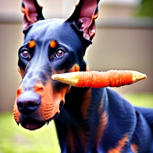 Prompt: doberman dog eating a carrot, photo