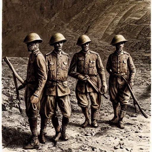 Image similar to ultra detailed photorealistic sepia - toned painting from 1 9 1 7, three british soldiers standing at an archaeological dig site in wadi rum, ultra realistic, painted, intricate details, lovecraft, atmospheric, dark, horror, brooding, highly detailed, by dave dorman