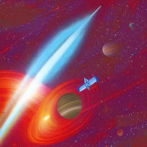 Image similar to a nasa ship entering the atmosphere of a planet, 1 9 7 0 s illustration, saturated colors