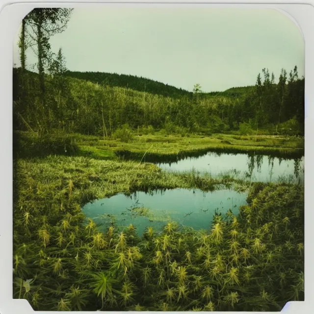 Image similar to very beautiful polaroid photo of a cannabis meadow near a pond on a clear day with a rainbow