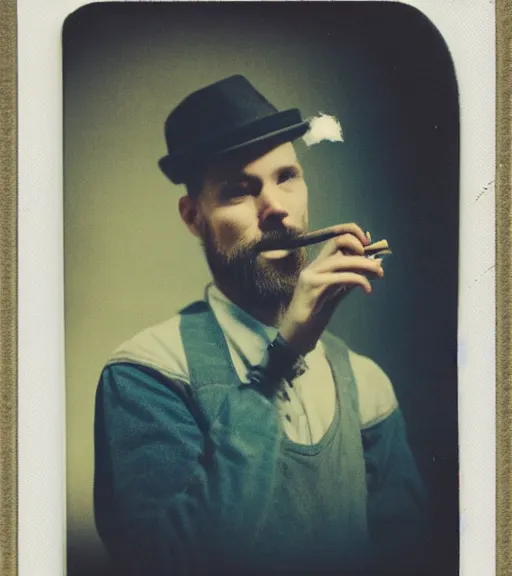 Prompt: color polaroid picture of a hipster man smoking tobacco. pipe diffuse background