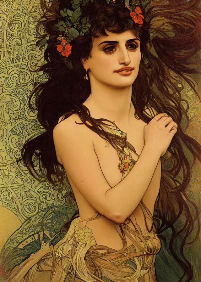 Image similar to portrait of penelope cruz, artwork by alphonse mucha