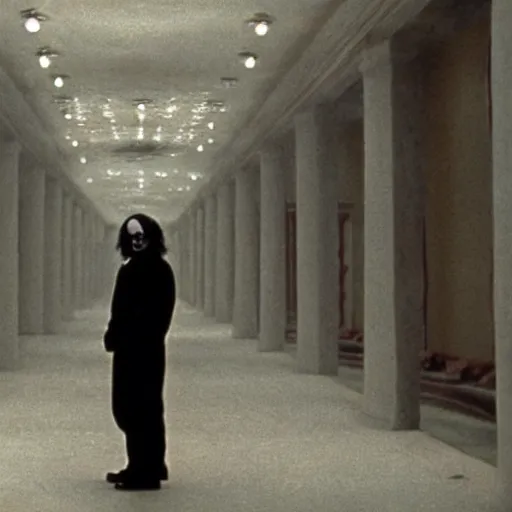 Prompt: jack torrance as the joker in the shining, standing at end of long hall, widescreen shot, anamorphic film, screenshot by stanley kubrick