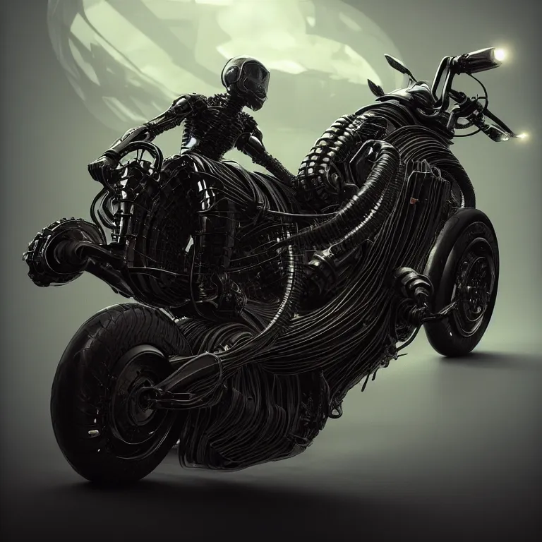 Prompt: spinal ribbed black futuristic cyberpunk motocycle motorbike, concept art, beautiful intricate insanely detailed octane render, artstation, 8 k artistic photography, photorealistic, volumetric perfect light, chiaroscuro, raphael, caravaggio, beksinski, rutkowski, giger