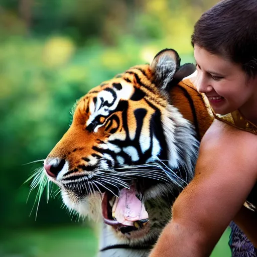 Prompt: petting a friendly tiger, 4k, high detail, high-resolution photograph- professional photography