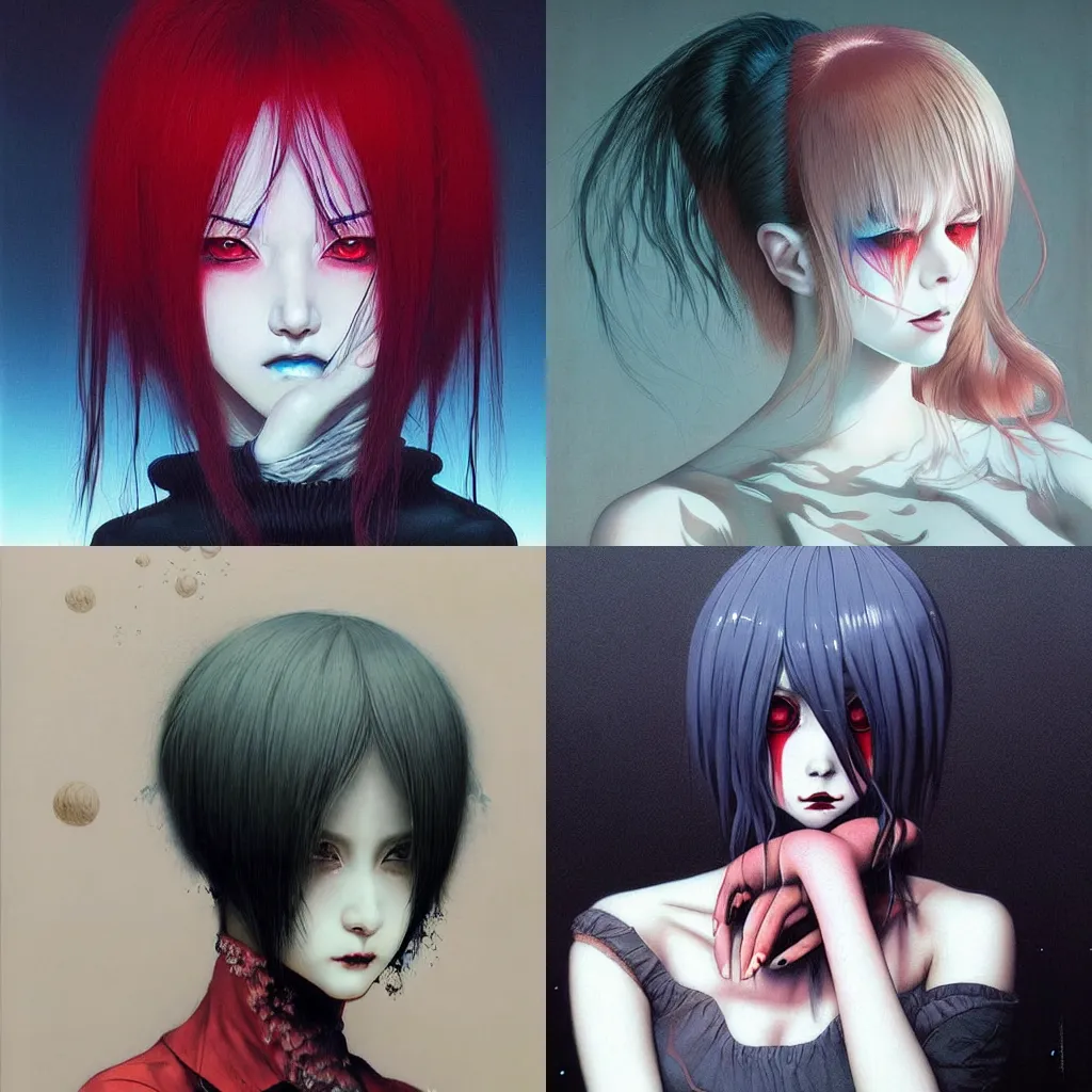 Prompt: beautiful! coherent! detailed! expert! and aesthetic portrait of an anime goth clowngirl, painted by ilya kuvshinov!!! and zdzislaw beksinski