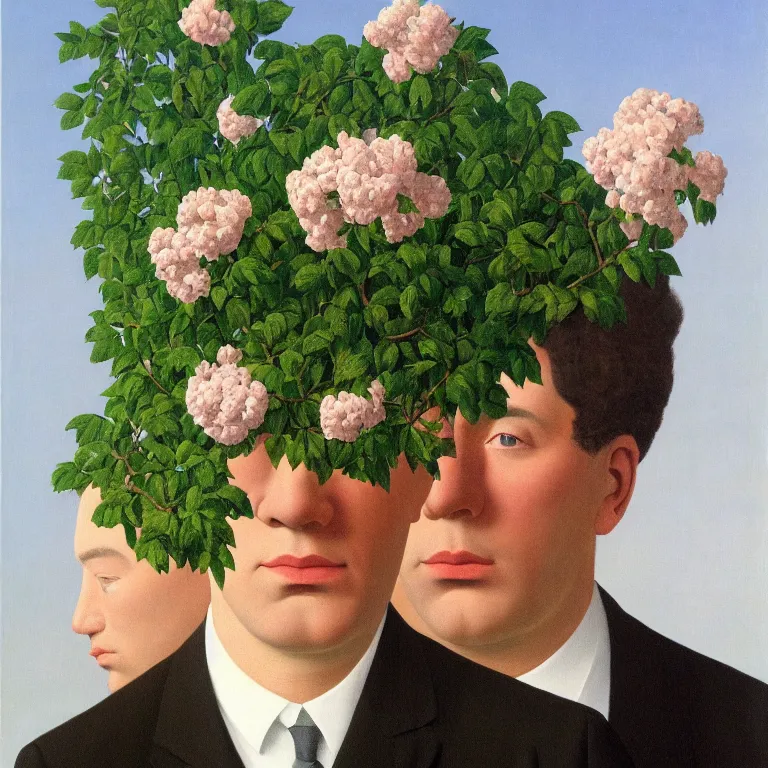 Image similar to portrait of a man, face hidden by beautiful flowers, by rene magritte, detailed painting, hd, hq, high resolution, high detail, 4 k, 8 k