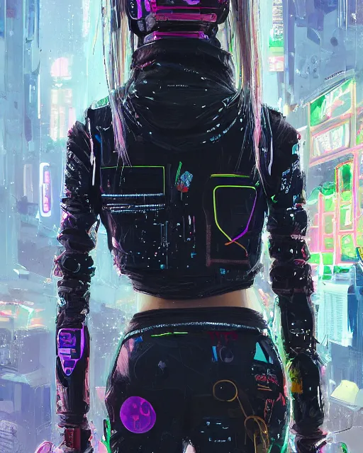 Image similar to detailed portrait neon guard girl with long straight blonde hair seen from the back, cyberpunk futuristic, reflective puffer jacket, black leggings, decorated with traditional ornaments in front of a dystopian crowd with piles of garbage by ismail inceoglu dragan bibin hans thoma, perfect face, fine details, realistic shaded, fine - face, pretty face by rossdraws