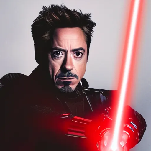 Image similar to Robert Downey Jr holding a red lightsaber dramatically, 4k, very detailed, backlit
