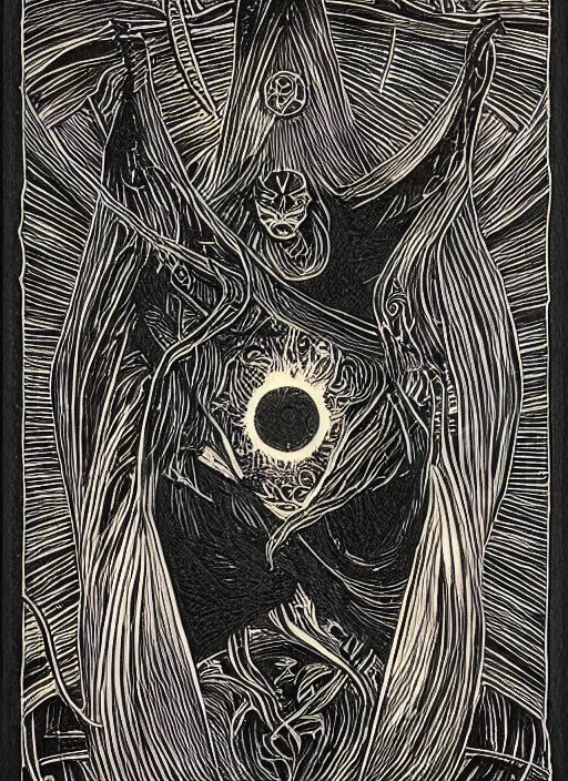 Prompt: fear of technology, black paper, tarot card, highly detailed, dave quiggle, border, intricate ink illustration