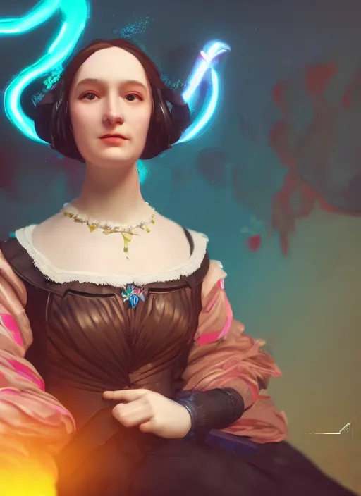 Image similar to Ada Lovelace full of colour, cinematic lighting, trending on artstation, 4k, hyperrealistic, focused, extreme details,unreal engine 5, cinematic, masterpiece