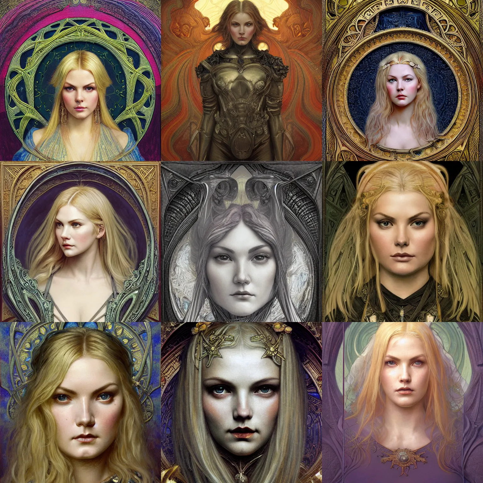 Prompt: masterpiece head-on symmetrical centered portrait, Elisha Cuthbert as a paladin, blonde hair, art nouveau, gothic, victorian, elegant, distant, in the style of Edgar Maxence and Ross Tran and Zdzisław Beksiński and Michael Whelan and Gustave Doré and H.R. Giger and Franz Sedlacek and Mucha, specular highlights, 8k, octane render