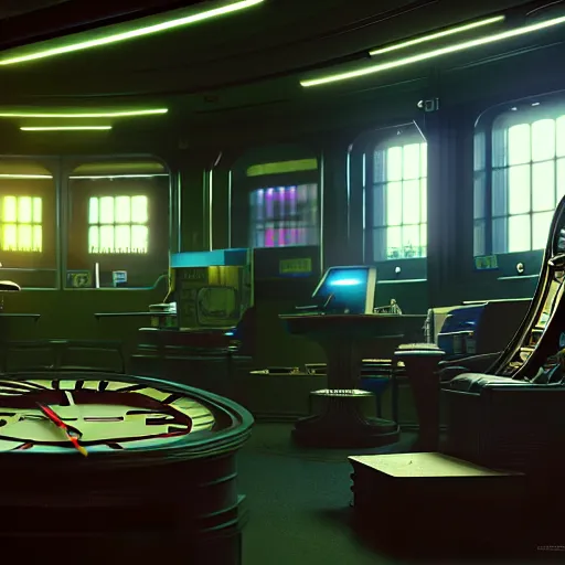 Image similar to clocks in the main office of the time saving bank, cyber punk, retro machinery, futuristic hi-tech details, art by anthony macbain + greg rutkowski + jean giraud, concept art, 4k, sharp focus, cinematic render unreal engine