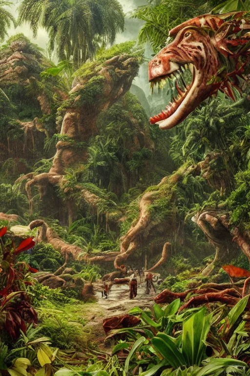 Image similar to a giant meat eating plant in the exotic jungle, landscape, alex ross, giga, david finch, concept art, matte painting, highly detailed, rule of thirds, dynamic lighting, cinematic, detailed, denoised, centerd