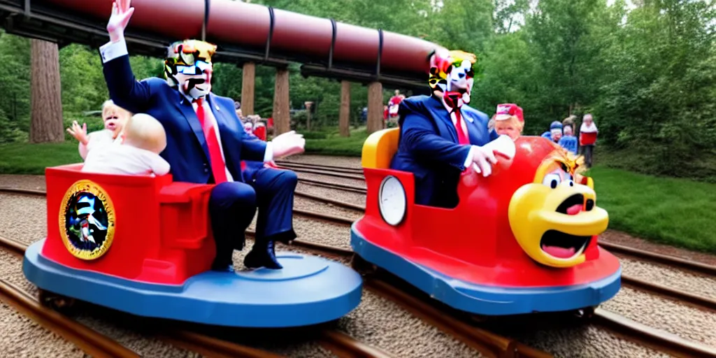 Image similar to Photo of Donald J. Trump falling off of a kiddy train, screaming, taken in Silver Dollar City