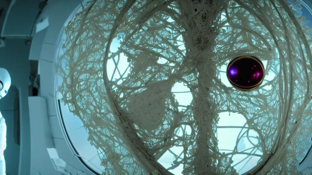 Image similar to a cybernetic symbiosis of a single astronaut eva suit infected with diamond 3d fractal lace iridescent bubble 3d skin covered with insectoid compound eye camera lenses floats through the living room, film still from the movie directed by Denis Villeneuve with art direction by Salvador Dalí, wide lens,