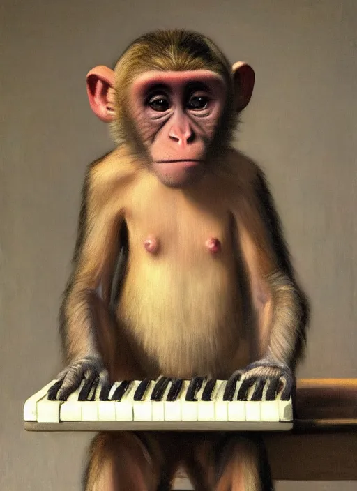 Image similar to medium shot, cinematic, cute realistic oil painted monkey is typing on the vintage keyboard, enhancements, soft lighting, by john ward, by arthur walker, by vermeer, by monet, oil on canvas, royal academy, masterpiece, trending on artstation, cinematic composition, dramatic pose, beautiful lighting, sharp, details, hyper - detailed, hd