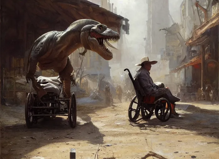 Image similar to oil painting of tyrannosaurus rex with diaper in wheelchair, in dusty wild west street, art by anders zorn, wonderful masterpiece by greg rutkowski, beautiful cinematic light, american romanticism by greg manchess, jessica rossier