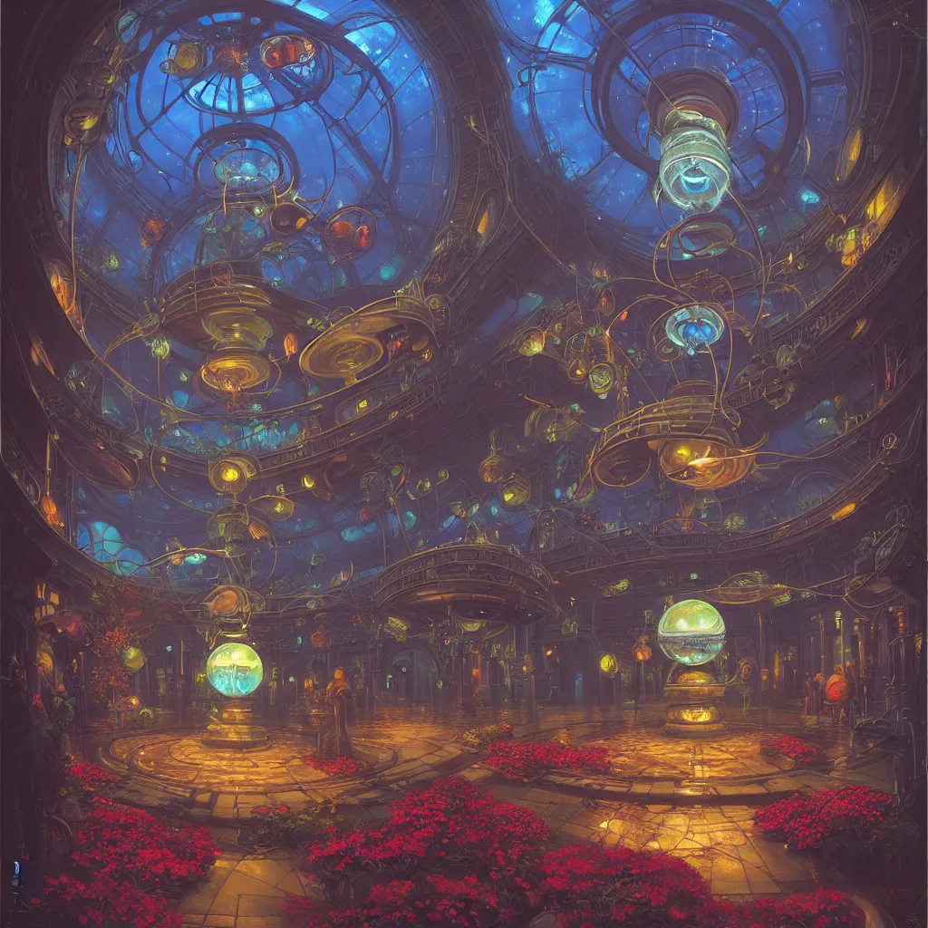 Image similar to fish eye lens a bright minimalist bioluminescent oil painting by donato giancola, warm coloured, cinematic scifi luxurious futuristic foggy steam filled victorian garden mall interior with microscopy radial windows flowers growing out of pretty bulbous ceramic fountains, gigantic pillars and flowers, maschinen krieger, beeple, star trek, star wars, ilm, atmospheric perspective