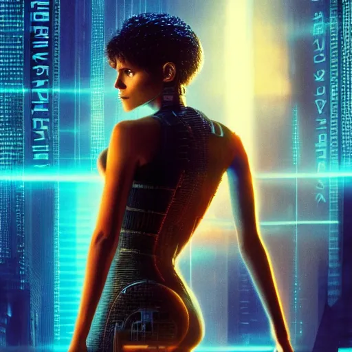 Prompt: beautiful Fine art photo of a young Halle Berry as a cyberpunk mayan robotic godess, photorealistic, centered, highly detailed, sun lighting, in the movie Blade Runner 2049, 8k