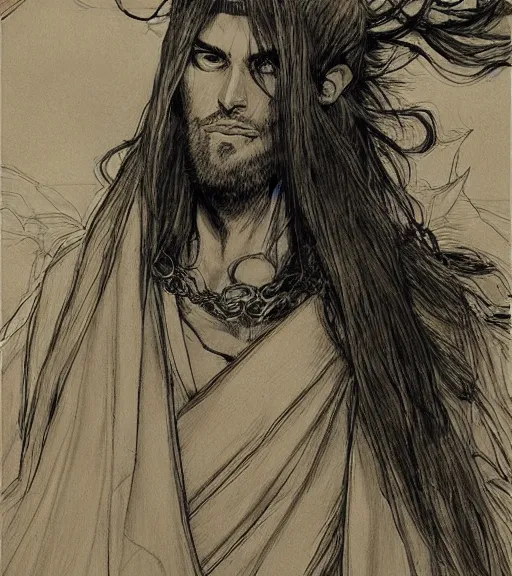 Image similar to portrait of anime giga chad with long hair wearing a dark robe, pen and ink, intricate line drawings, by craig mullins, ruan jia, kentaro miura, greg rutkowski, loundraw