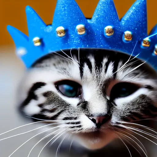 Image similar to toy cat wearing a blue crown , HD , 4k