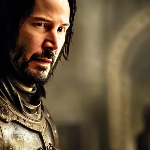 Prompt: keanu reeves in game of thrones, 4 k, epic, cinematic, focus, movie still, fantasy, serious, extreme detail, atmospheric, dark colour, sharp focus