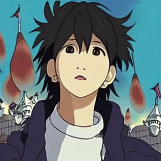 Image similar to “K-pop star Changbin in Howls moving castle, studio Ghibli, fanciful”