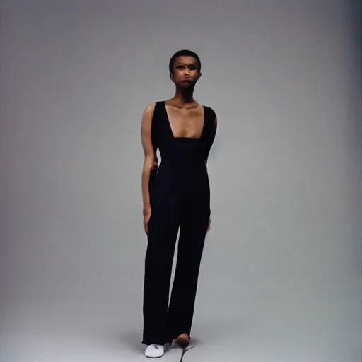 Image similar to realistic photoshooting for a new balenciaga lookbook, color film photography, portrait of a beautiful woman, woman is wearing a jumpsuit, in style of Tyler Mitchell, 35mm,