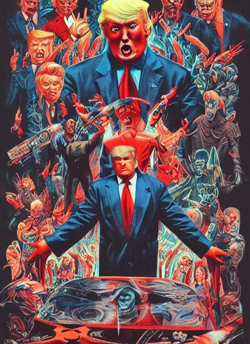 Prompt: donald trump as the villain, slasher film, grotesque, horror, high details, intricate details, by vincent di fate, artgerm julie bell beeple, 80s, inking, vintage 80s print, screen print