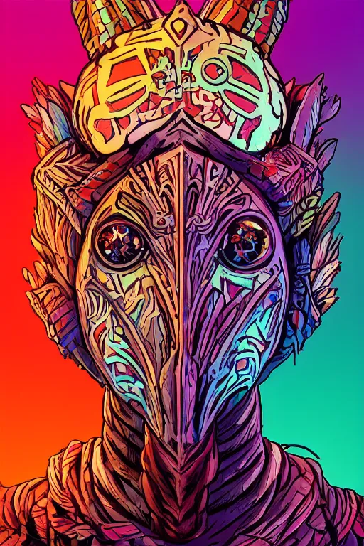 Image similar to totem animal tribal chaman vodoo mask feather gemstone plant video game illustration vivid color borderlands by josan gonzales and dan mumford radiating a glowing aura