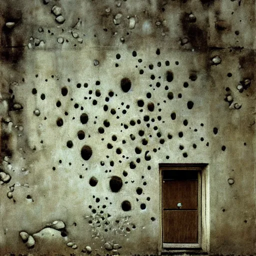 Prompt: graffiti done by zdzislaw beksinski, graffiti on the walls, rain stains, patterns engraved in stone