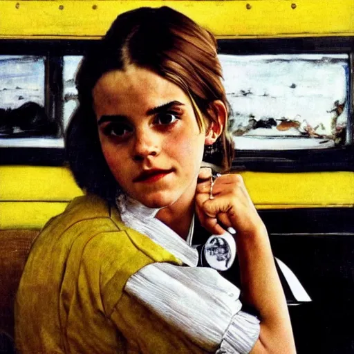 Image similar to Emma Watson driving a school bus full of Emma Watsons, Norman Rockwell