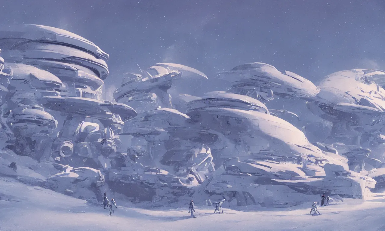 Image similar to snow alien landscape of an unexplored world, cinematic lighting, cinematic angle, Syd Mead, Federico Pelat, daylight, blue sky, spaceship in the sky