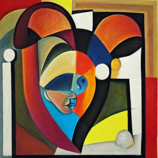 Prompt: woman calls up the ancestors to lead a path to reconciliation, abstract art in the style of cubism and georgia o keefe,