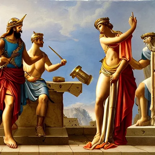 Image similar to photo of the goddess athena talking with odysseus, discussing battle strategy, photorealistic, prizewinning photo, ultradetailed, cloudy day lighting