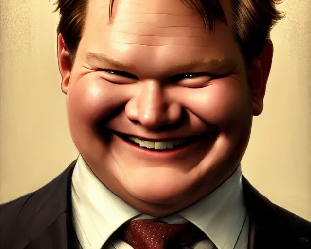 Image similar to close up of andy richter smiling wearing a brown suit and necktie, focus, d & d, intricate, elegant, highly detailed, digital painting, artstation, concept art, matte, sharp focus, illustration, hearthstone, art by artgerm and greg rutkowski and alphonse mucha