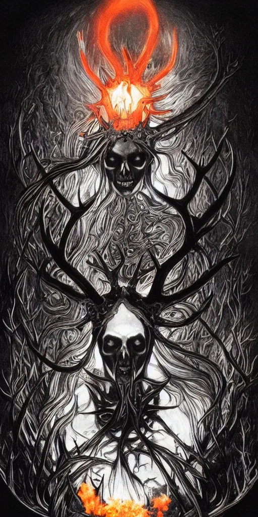 Image similar to intense glowing black metal pagan god with antlers and intense glowing white eyes with a skull on fire in very dark void by artgerm and beksinski and alphonse mucha, portrait, fantasy, clear, fire, light beams, lens flare, intense, uhd, amazing depth, cinematic lighting, black and red and intense orange and yellow