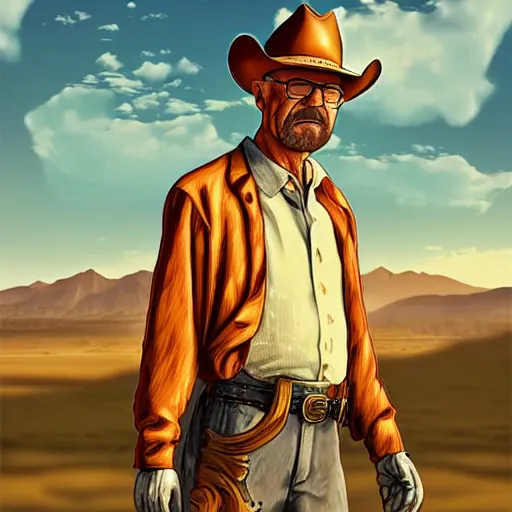 Prompt: walter white as a cowboy in a western town, golden hour, cinematic, digital art