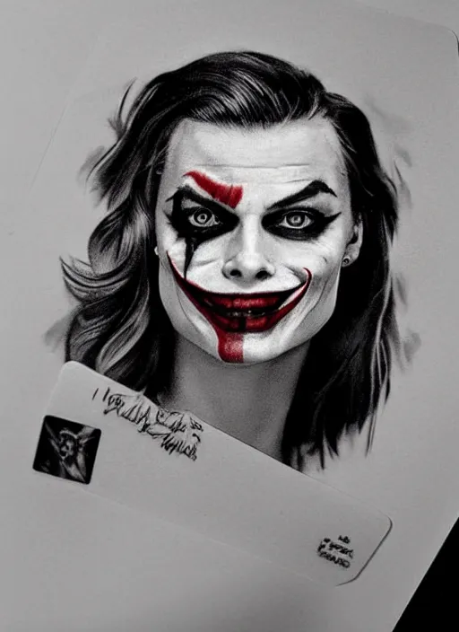 Image similar to tattoo design of beautiful margot robbie with a little joker makeup, holding an ace card, slight smile, in the style of den yakovlev, realistic face, black and white, realism tattoo, hyper realistic, highly detailed